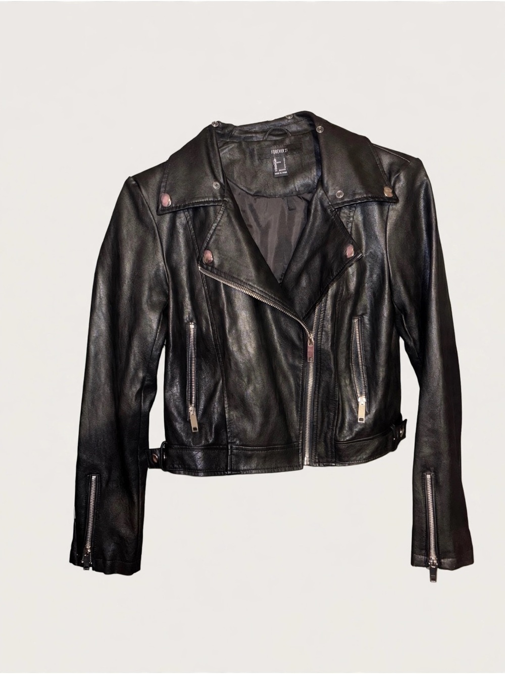 Forever 21 Black Cropped Leather Moto Jacket with Silver Hardware